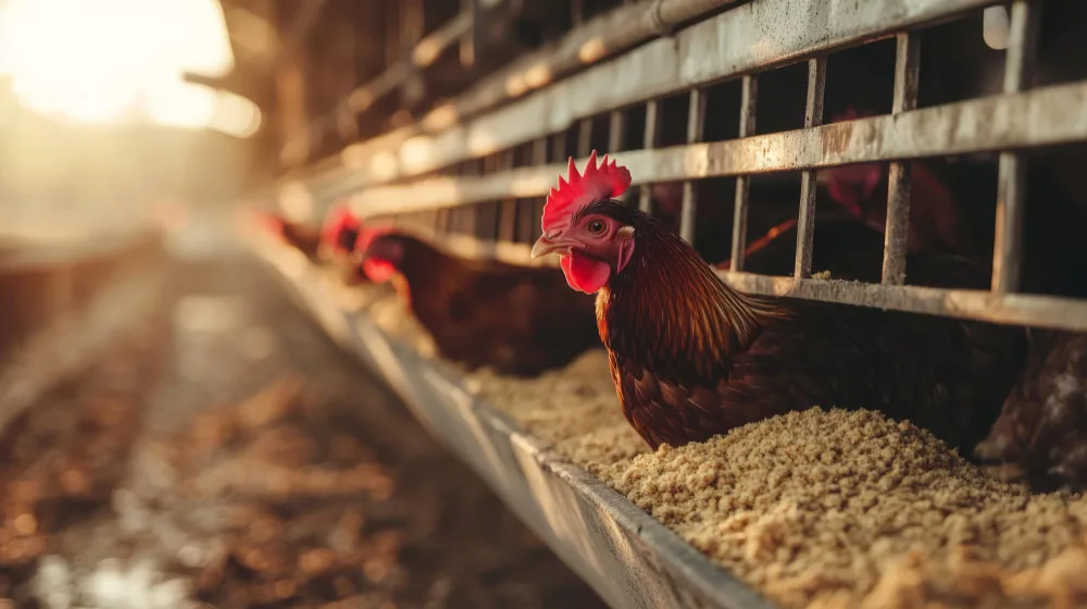 Hen at the feed trough inside a naturally lit poultry house